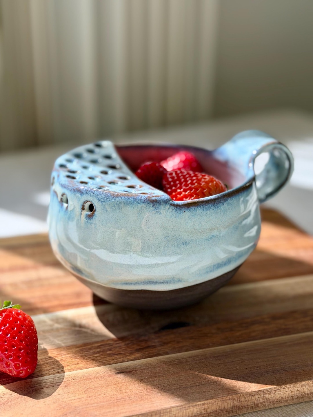 Ceramic Berry Bowl With Handle | Blue Pottery Fruit Strainer | Handmade ...