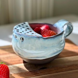 Ceramic Berry Bowl with Handle | Blue Pottery Fruit Strainer | Handmade Strawberry Colander
