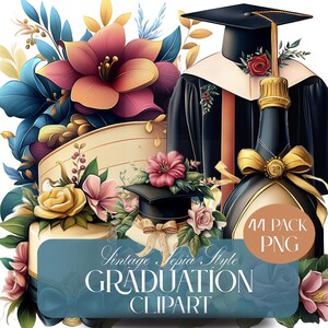 Vintage Sepia Graduation 2025, Bundle von 44, Graduierung Clipart, PNG, Champagner Flasche, Kuchen, Abschlusskappe, Diplom, Feier