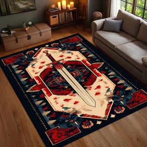 Tappeto con motivo a spada, tappeto da guerriero con base color crema, tappeto da pavimento con mito medievale, tappeto lavabile antiscivolo per soggiorno