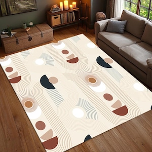 Modern Boho Area Rug, Minimal Geometric Carpet, Beige Abstract Living Room Rug, Contemporary Neutral Decor, Washable Rug, Non Slip Rug