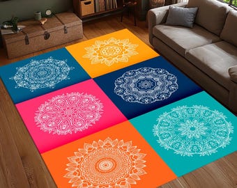 Bunter Mandala-Teppich für Boho-Wohnzimmer, lebendiger Yogamattenteppich mit indischem Muster, ethnischer Bodendekor für Zuhause