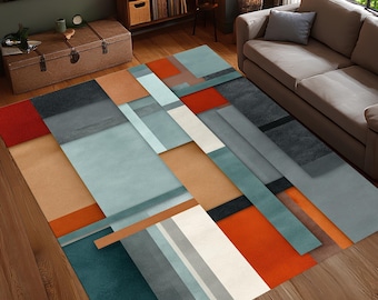Moderner Farbblock Teppich, Abstrakter Geometrischer Bodenteppich, Grün, Orange, Grauer Teppich, Dekor im Mid Century-Stil, Waschbar, rutschfest