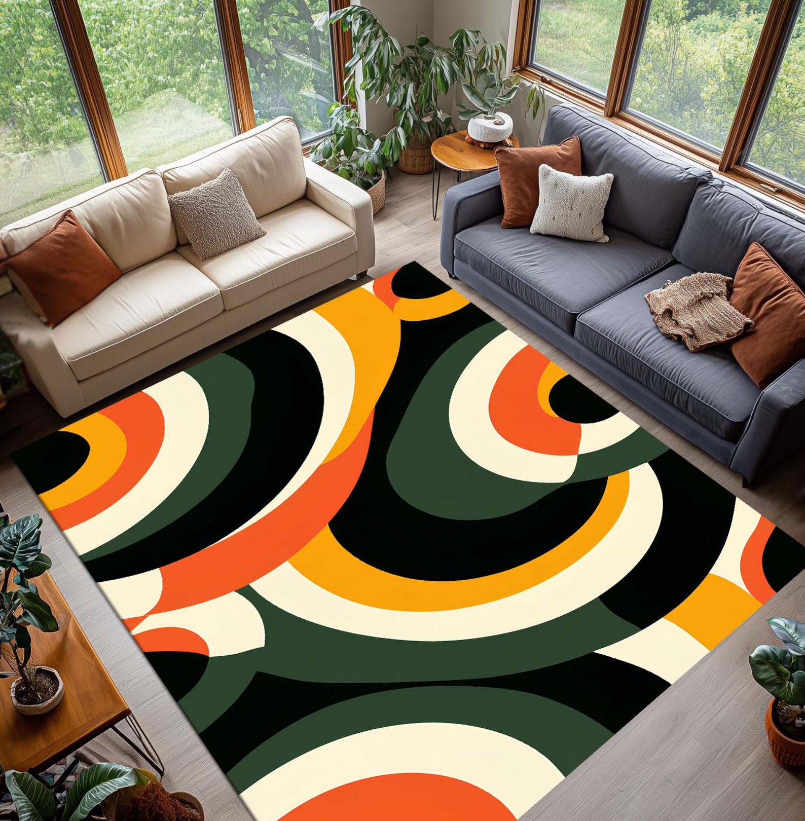 Retro Circles Rug, Colorful Abstract Area Carpet, Orange Green Pop Art ...