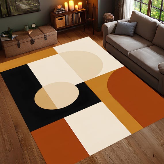 Minimal Geometric Color Block Rug, Modern Abstract Mid Century Carpet, Beige Black Orange Tan Area Mat, Stylish Retro Living Room Rug
