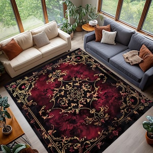 Gothic Red Black Floral Rug, Baroque Vintage Style Carpet, Ornate Dark Pattern Living Room Area Rug, Washable Non Slip Rug