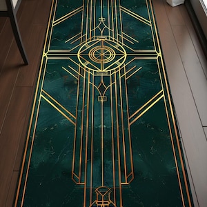 Dark Art Deco Runner Rug, Navy Gold Geometric Hallway Carpet, Elegant Gothic Style Long Rug, Washable Non Slip Runner