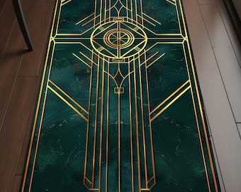 Dark Art Deco Runner Rug, Navy Gold Geometric Hallway Carpet, Elegant Gothic Style Long Rug, Washable Non Slip Runner