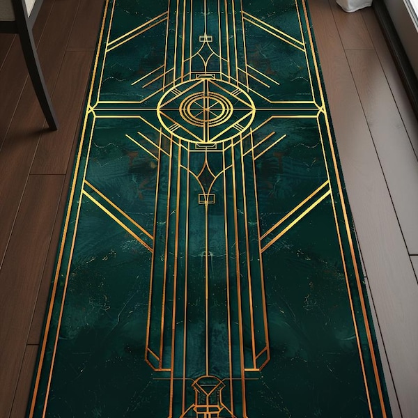 Dark Art Deco Runner Rug, Navy Gold Geometric Hallway Carpet, Elegant Gothic Style Long Rug, Washable Non Slip Runner