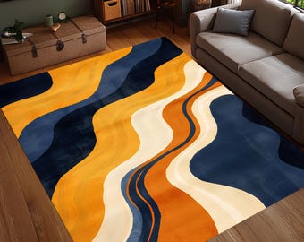 Retro Wave Area Rug, Orange Navy Blue Wavy Carpet, Bold Abstract Floor Decor, Mid Century Modern Rug, Washable Non Slip Rug