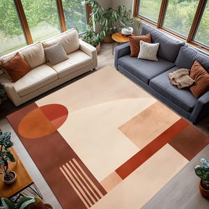 Modern Abstract Area Rug, Minimal Geometric Design Rug, Rust Terracotta and Neutral Tones, Soft Washable Floor Carpet
