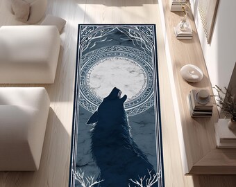 Howling Wolf Moon Teppich, Dunkelblauer Gothik Teppich Läufer, Keltischer Teppich, Mystisch Wald Teppich, Hexenteppich