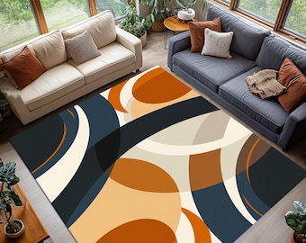 Orange Navy Abstract Rug, Geometric Overlap Pattern Carpet, Modern Oval Shape Area Rug, Washable Non Slip Rug