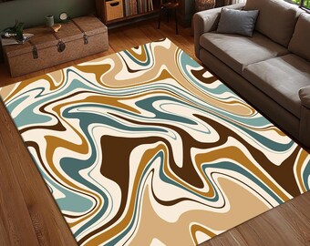 Braun Beige Marmor Teppich, Abstrakter Wirbelteppich, Zeitgenössischer Teppich, Moderner Fluid Art Teppich, Waschbarer Teppich, Rutschfest