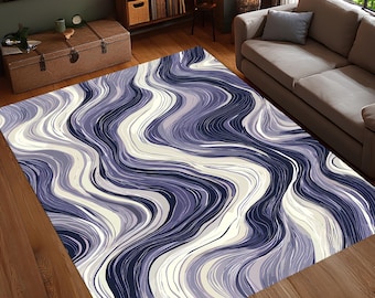 Lila Gewellter Abstrakter Teppich, Moderner Fluid Lines Teppich, Künstlerischer Wirbelmuster Teppich, Waschbarer, rutschfester Wohnzimmerteppich