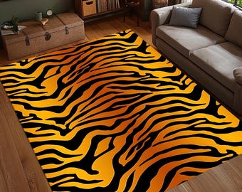 Tiger Streifen Teppich, Bold Orange Schwarz Tier Muster Teppich, Wild Jungle Decor Matte, moderne Statement Bodenkunst, Teppich, waschbar, rutschfest