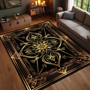 Black Gold Gothic Floral Rug, Elegant Baroque Mandala Carpet, Dark Aesthetic Floor Decor, Modern Medieval Room Accent