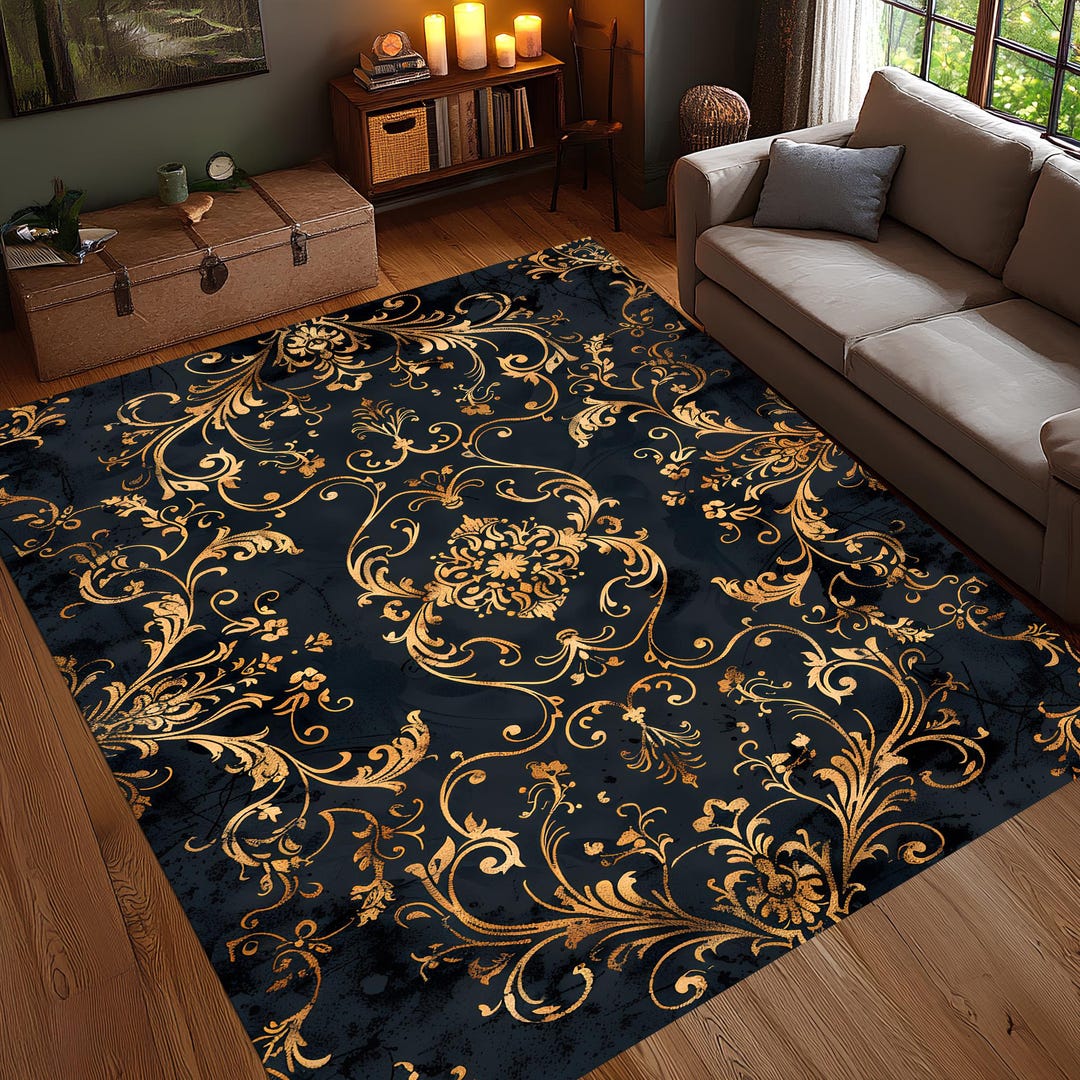 Gothic Baroque Black Gold Rug, Elegant Ornate Floral Carpet, Dark ...