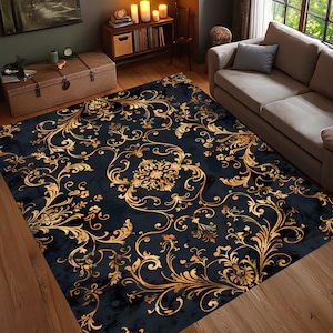 Gothic Baroque Black Gold Rug, Elegant Ornate Floral Carpet, Dark Victorian Luxury Area Rug, Washable Non Slip Living Room Decor