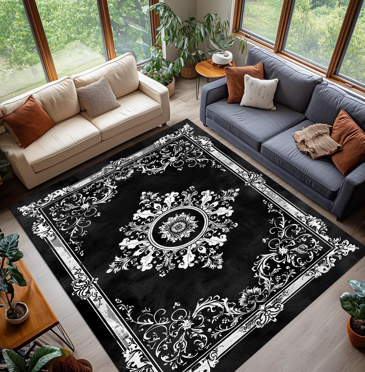 Black and White Medallion Area Rug, Elegant Baroque Living Room