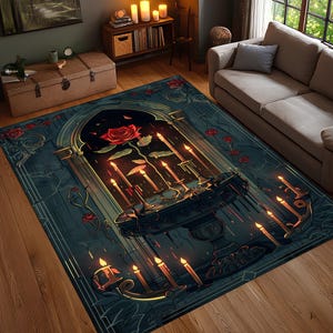 Gothic Rose Candlelight Area Rug, Dark Romantic Gothic Carpet, Red Black Floral Candle Decor Rug, Washable Non Slip Rug