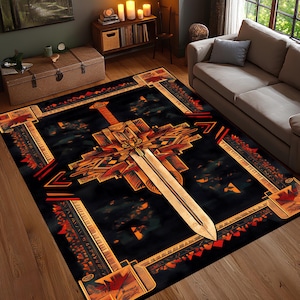 Tappeto con spada mistica, tappeto magico fantasy dark, tappeto con spada medievale, tappeto con motivo etnico rosso e blu, tappeto lavabile antiscivolo