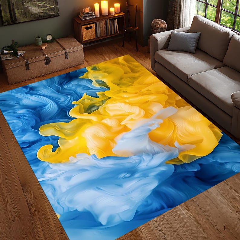 Abstract Blue Rug Pattern Abstract Blue Yellow Swirl, Artistic Modern Rug, Abstract Art Rug ...