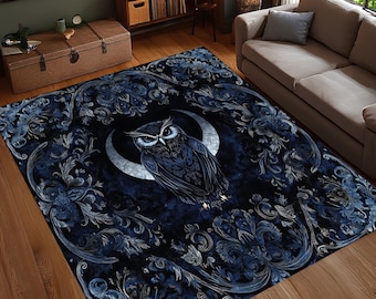 Alfombra de media luna con búho gótico, alfombra étnica azul místico, alfombra de fantasía oscura, alfombra lavable, alfombra antideslizante