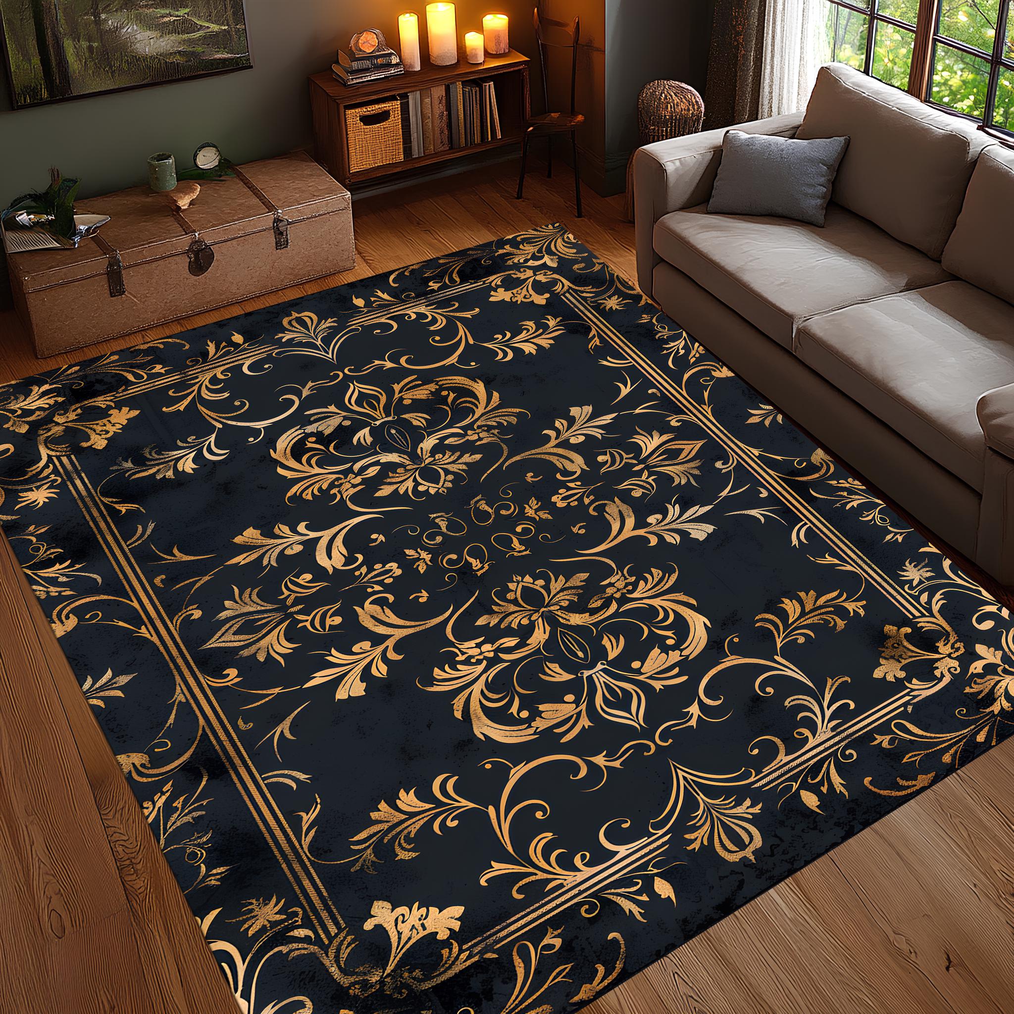 Gothic Baroque Black Gold Rug, Elegant Ornate Floral Carpet, Dark ...
