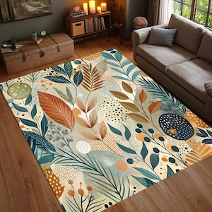 Botanical Tropical Area Rug with Leafy Plant Pattern, Modern Natural Green and Earth Tone Carpet for Living Room Decor