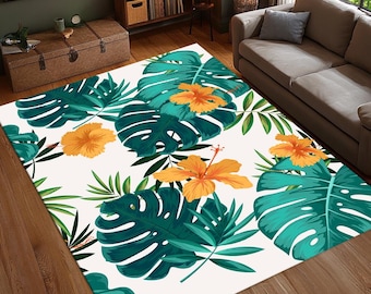 Tropischer Blattteppich, Monstera Hibiskusteppich, Dschungel Botanischer Wohnzimmerteppich, exotisches Blumendekor, waschbarer Teppich, rutschfest