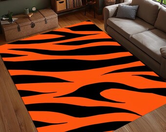 Orange Zebra Streifen Teppich, Teppich mit Tierfell-Muster, Moderne Dschungel-Stil Bodenmatte, Statement Safari-Dekor, Waschbar Teppich