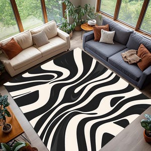 Modern Zebra Pattern Area Rug, Black and White Optical Illusion Rug, Abstract Animal Print Carpet, Living Room Decor