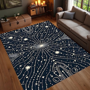 Kelestial Star Map Teppich, Sternzeichen-Konstellationsteppich, mystischer Mondphasenteppich, kosmischer Galaxie-Wohnzimmerdekor-Teppich