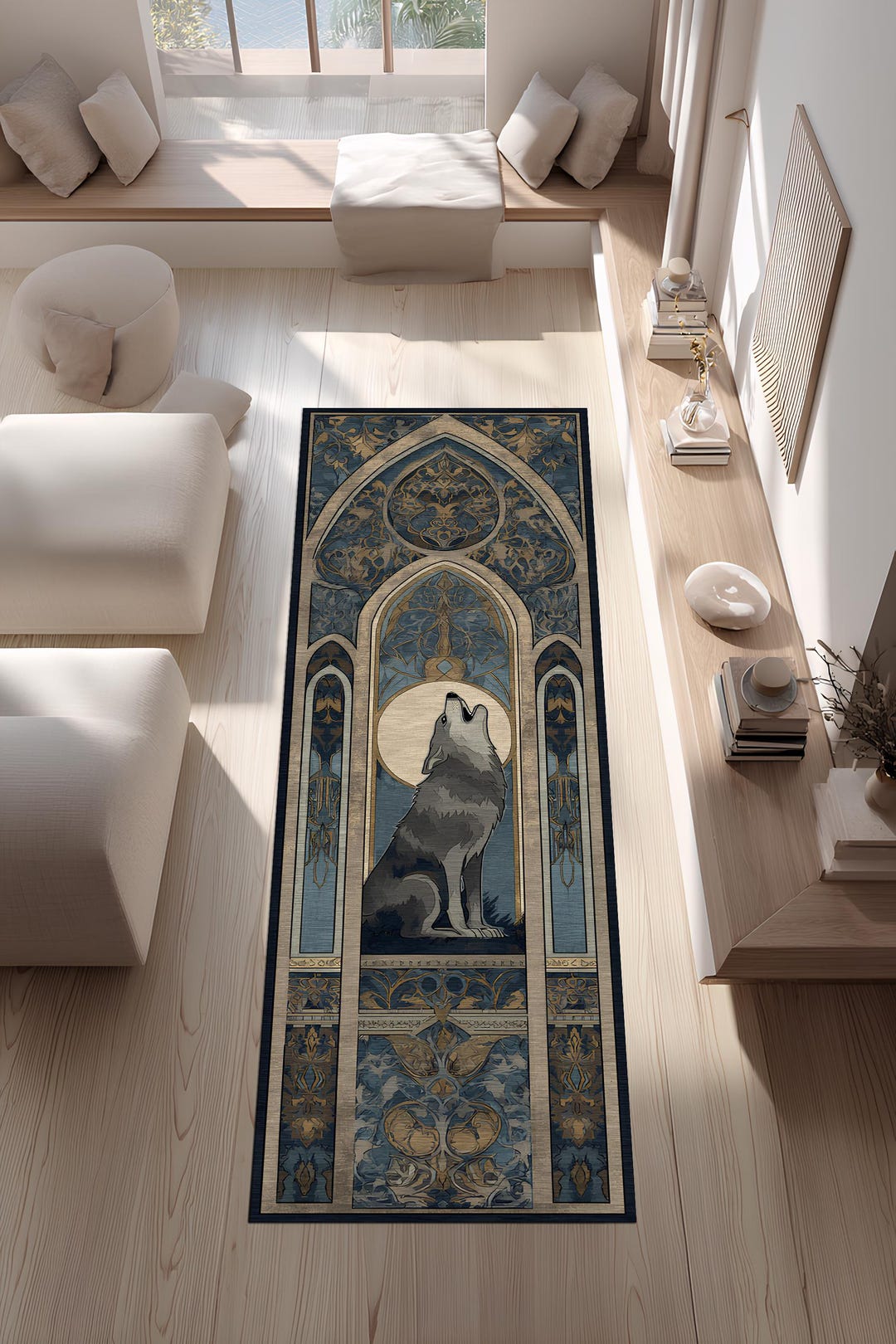 Howling Wolf Runner Rug, Gothic Blue Arch Carpet, Medieval Moon Design ...