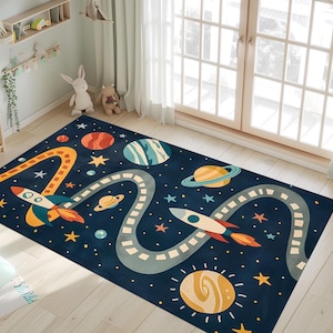 Alfombra de juego con mapa de carreteras espaciales, alfombra de galaxia con cohete, decoración para habitación de astronauta infantil, alfombra antideslizante lavable, tapete educativo