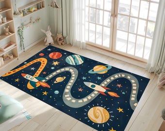 Space Road Map Play Rug, Rocket Ship Galaxy Carpet, Kids Astronaut Room Decor, Washable Non Slip Rug, Educational Play Mat