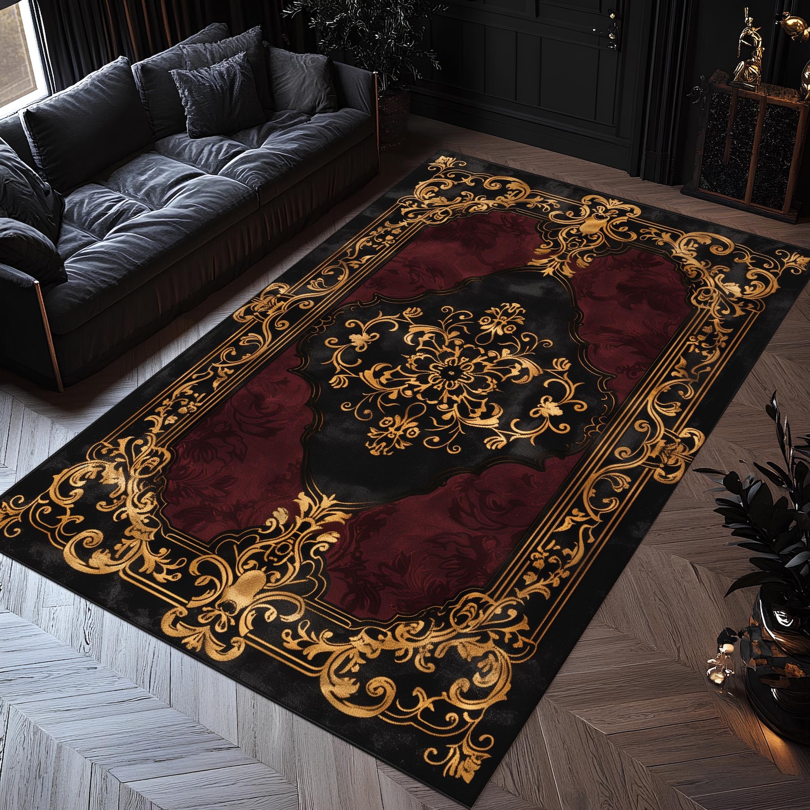 Black Burgundy Baroque Area Rug, Gold Scrollwork , Washable Non Slip ...