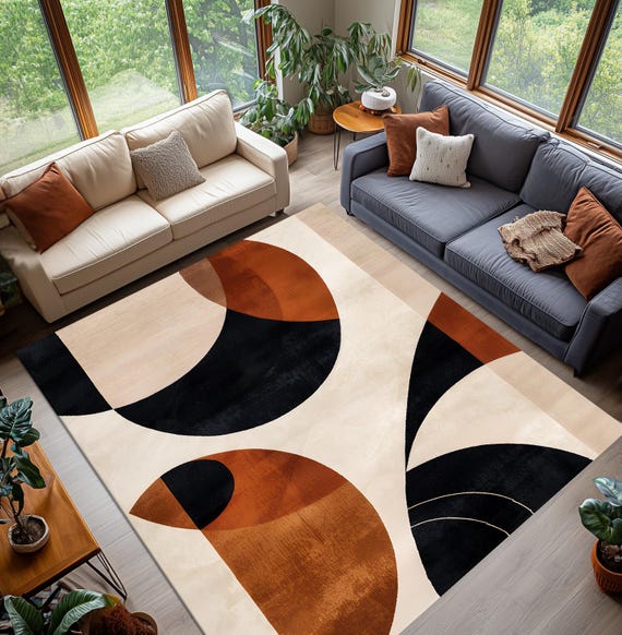 Moderner Retro Geometrischer Teppich, Braun Schwarz Beige Teppich, Minimalistische Bodenmatte, Digital Gedrucktes Bold Home Decor