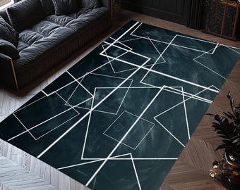 Moderner schwarzer geometrischer Teppich mit weißen abstrakten Linien, minimalistischer zeitgenössischer Teppich für monochromen Wohnzimmerstil