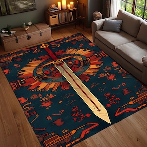 Tappeto con spada fantasy, tappeto con design a spada epica, tappeto decorativo per la stanza dei gamer, tappeto rosso scuro e blu, elemento decorativo per la casa con spada magica, tappeto lavabile, tappeto antiscivolo