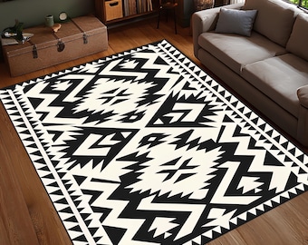 Black White Tribal Rug, Bold Geometric Aztec Carpet, Washable Non-Slip Rug, Minimal Ethnic Pattern for Boho or Modern Decor