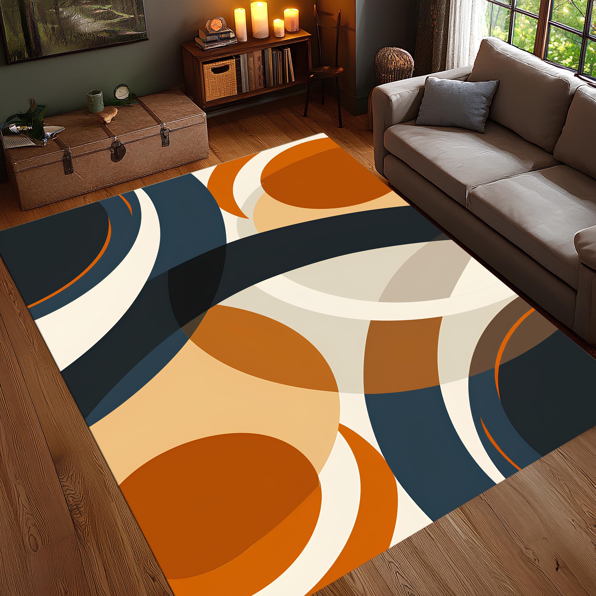 Orange Navy Abstract Rug, Geometric Overlap Pattern Carpet, Modern Oval ...