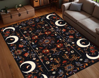 Celestial Crescent Moon Floral Rug, Dark Elegant Gothic Area Carpet, Washable Non Slip Living Room Rug, Mystic Boho Art Design