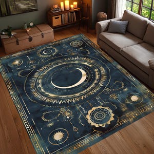 Alfombra con fases lunares celestiales, alfombra con temática de galaxia mística, alfombra con mapa estelar azul oscuro, decoración de habitación bohemia y estilo brujería, lavable y antideslizante.