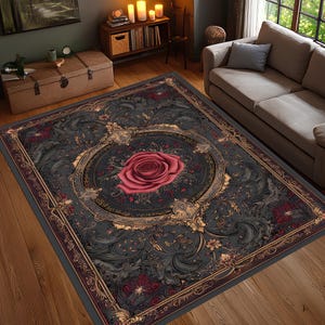 Gothic Rose Art Rug, Dark Baroque Floral Carpet, Romantic Ornamental Area Rug, Red Black Vintage Style Rug, Washable Non Slip Rug