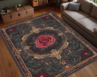 Gothic Rose Art Rug, Dark Baroque Floral Carpet, Romantic Ornamental Area Rug, Red Black Vintage Style Rug, Washable Non Slip Rug