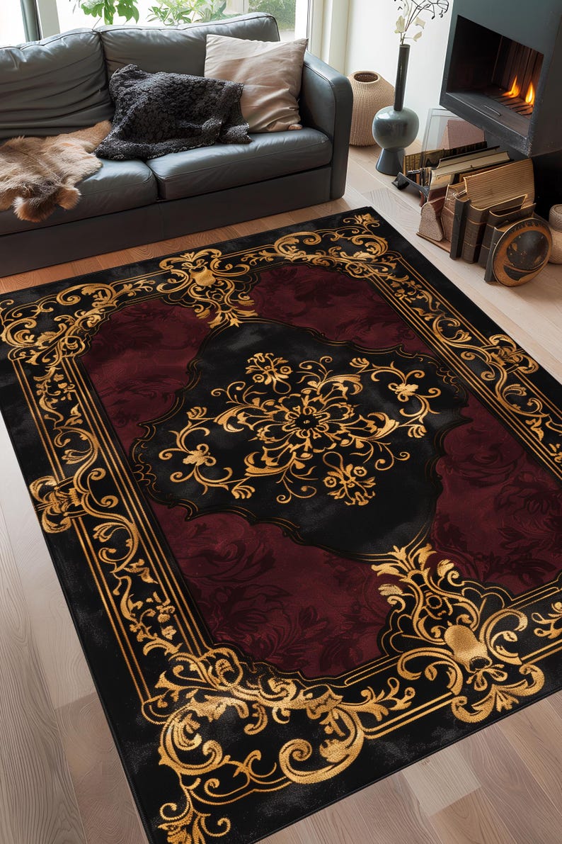 Round Baroque Rug Black Burgundy Baroque Area Rug, Gold Scrollwork , Washable Non Slip ...