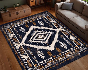 Rustic Tribal Area Rug, Washable Aztec Carpet in Black or Navy Tones, Distressed Boho Floor Mat for Living Room