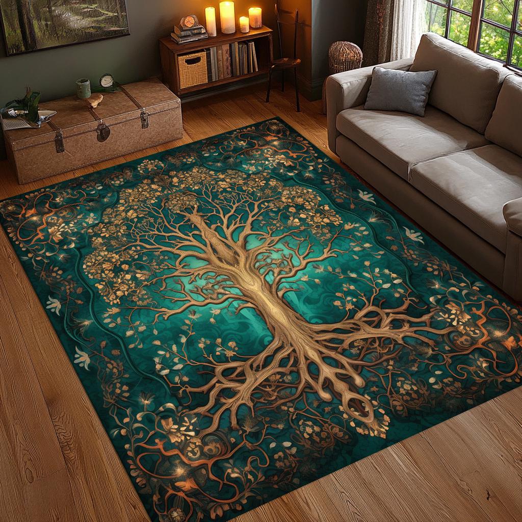 Tree of Life Area Rug, Gothic Forest Art Carpet, Teal Gold Living Room Rug, Nature Inspired Decor, Washable Rug, Non Slip Rug